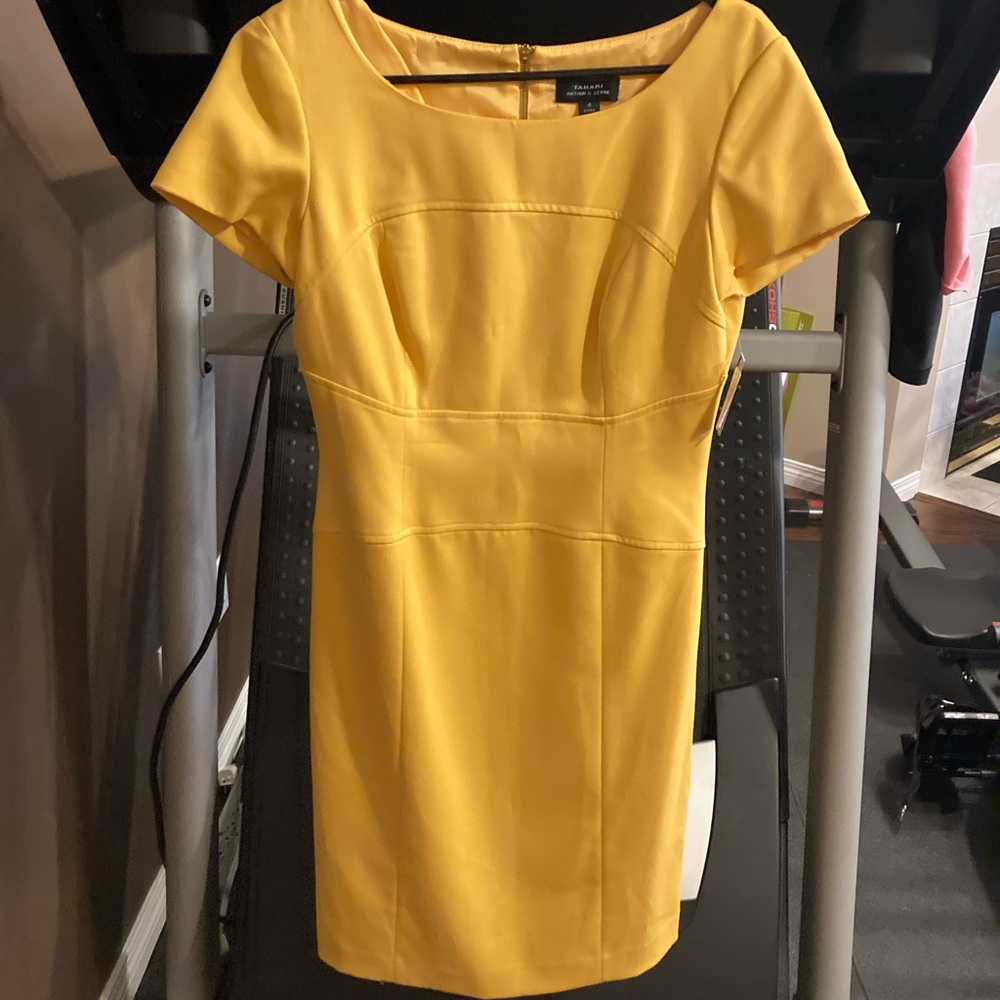 Tahari mustard color cap sleeve sheath dress